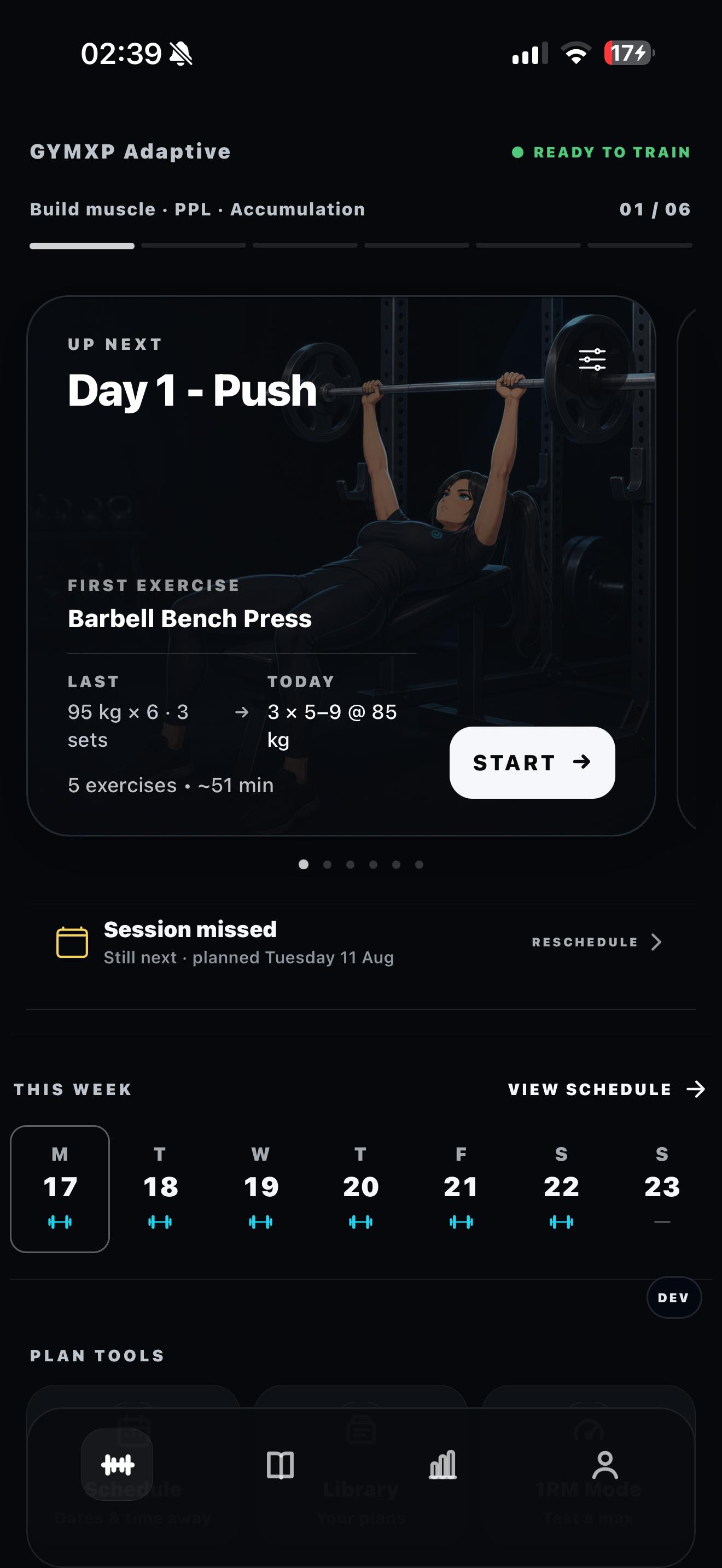 GYMXP Adaptive home screen showing the next workout and weekly schedule