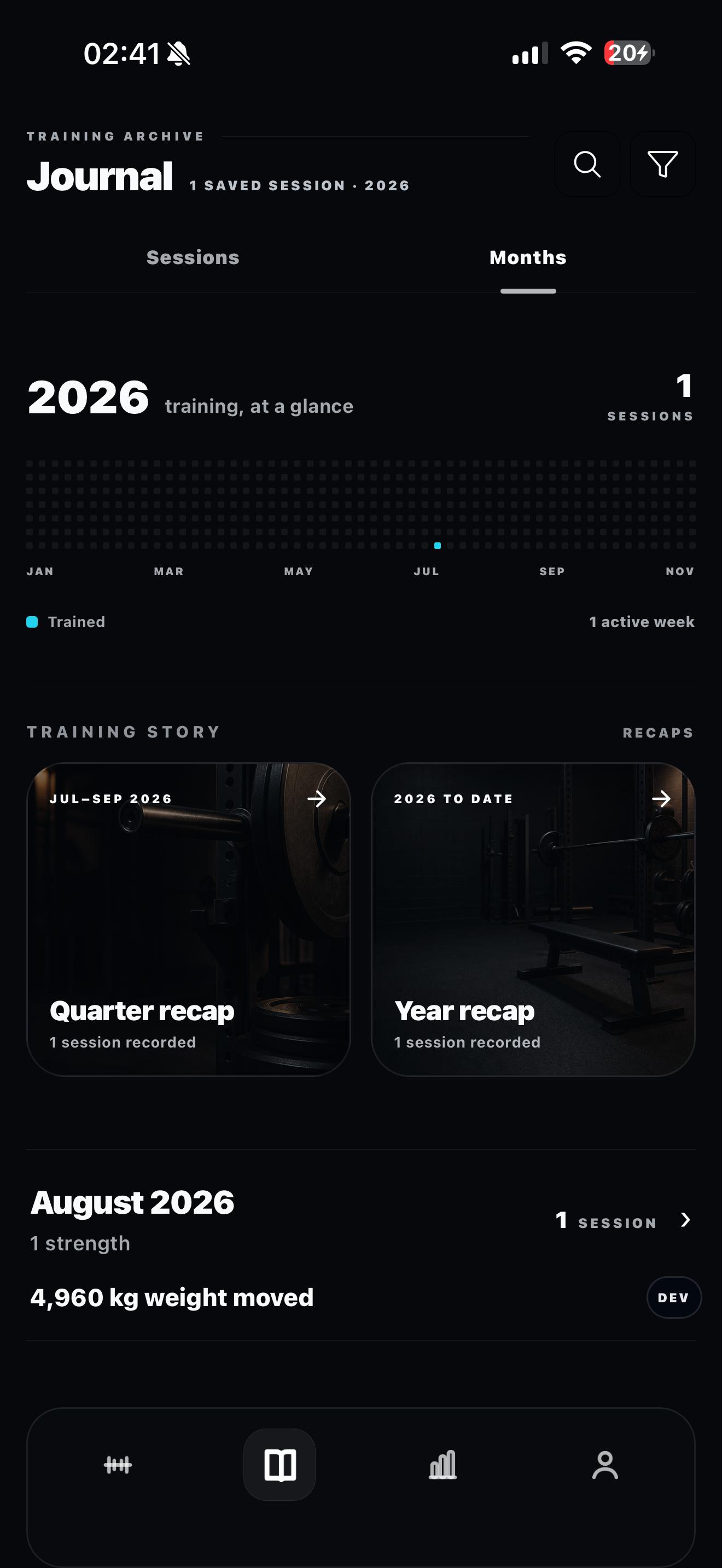 GYMXP Journal showing training history, recaps and progress over time