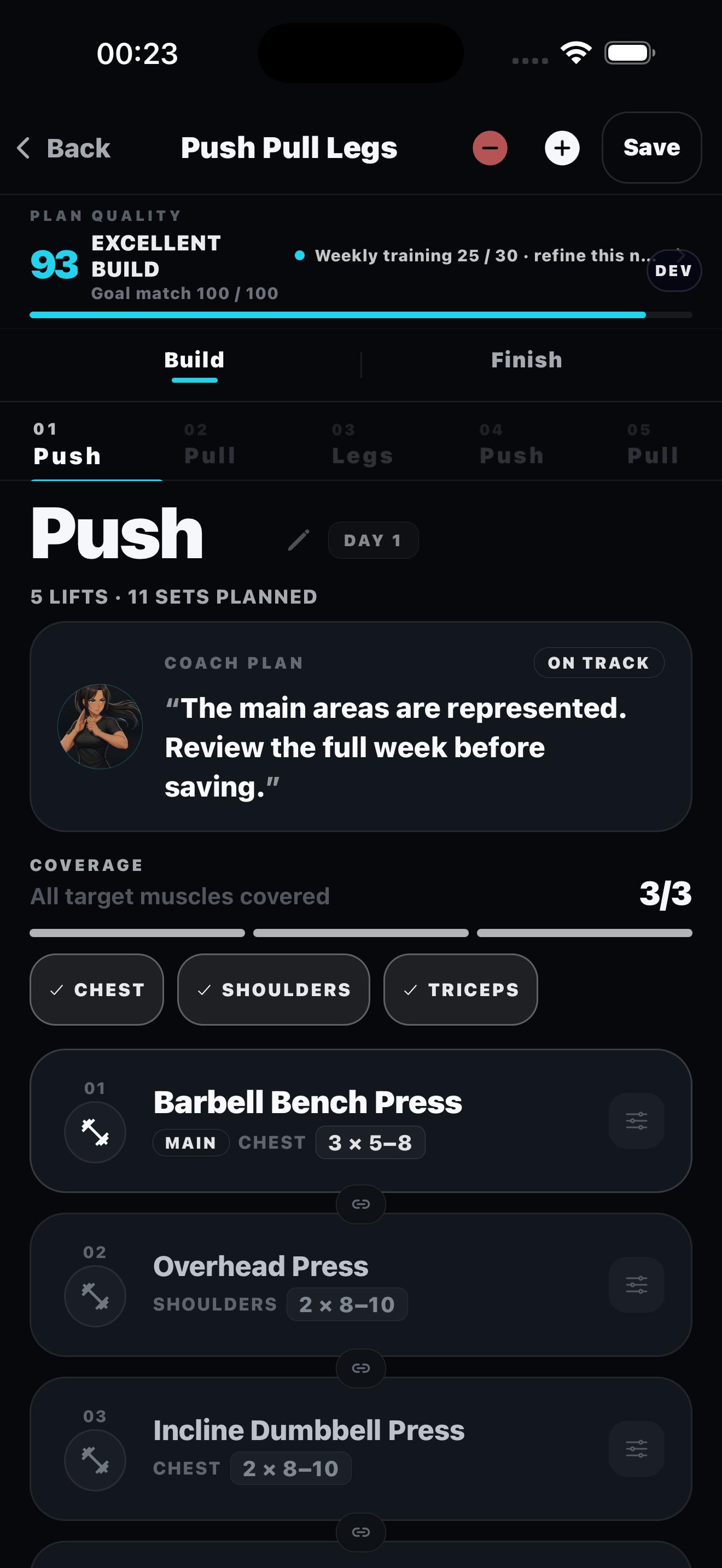 GYMXP Plan Builder showing a scored push pull legs programme